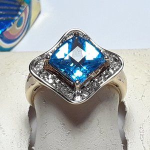 2.24ctw Cushion Checkerboard Blue Topaz & Diamond wavy Halo 10Kt YG Ring #17994